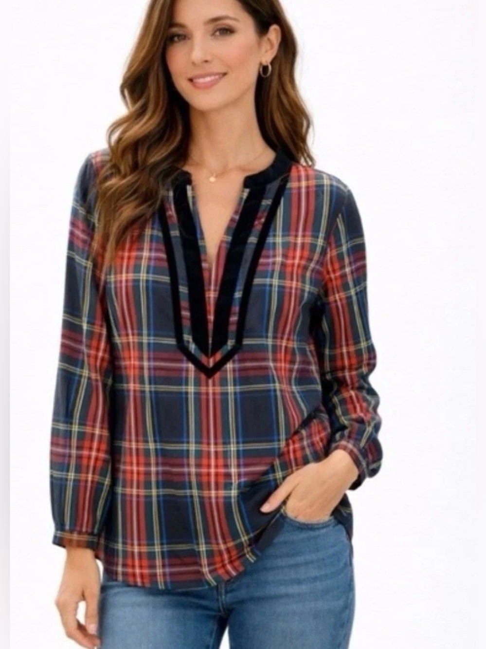 J. Crew Womens Plaid Tunic S Red Tartan Poplin Shirt Velvet Trim Preppy Holiday